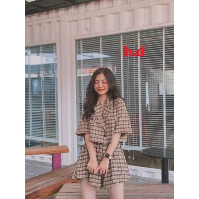 Set áo croptop sơ mi cổ véc + quần đùi ông rộng giả váy hđ