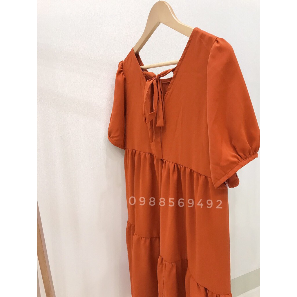 Váy bầu bigsize - Đầm bầu thiết kế GuMe màu CAM ĐẤT CỔ TIM BUỘC NƠ SAU chất vải sạn lụa size từ 40-100kg MB219