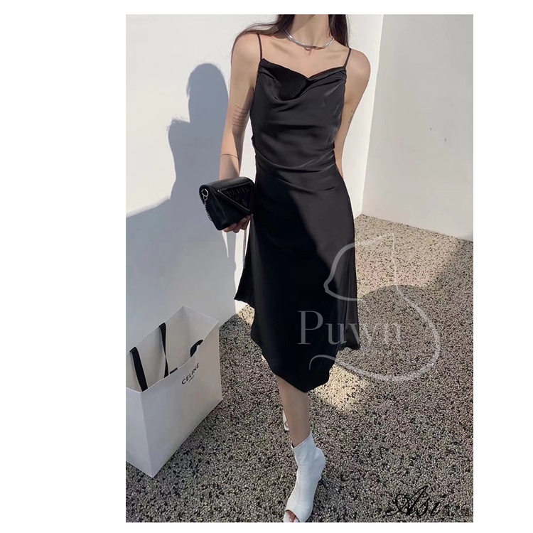 Váy lụa hai dây vạt chéo xếp li eo dự tiệc, prom quyến rũ, bí ẩn, sexy Puwn Shop