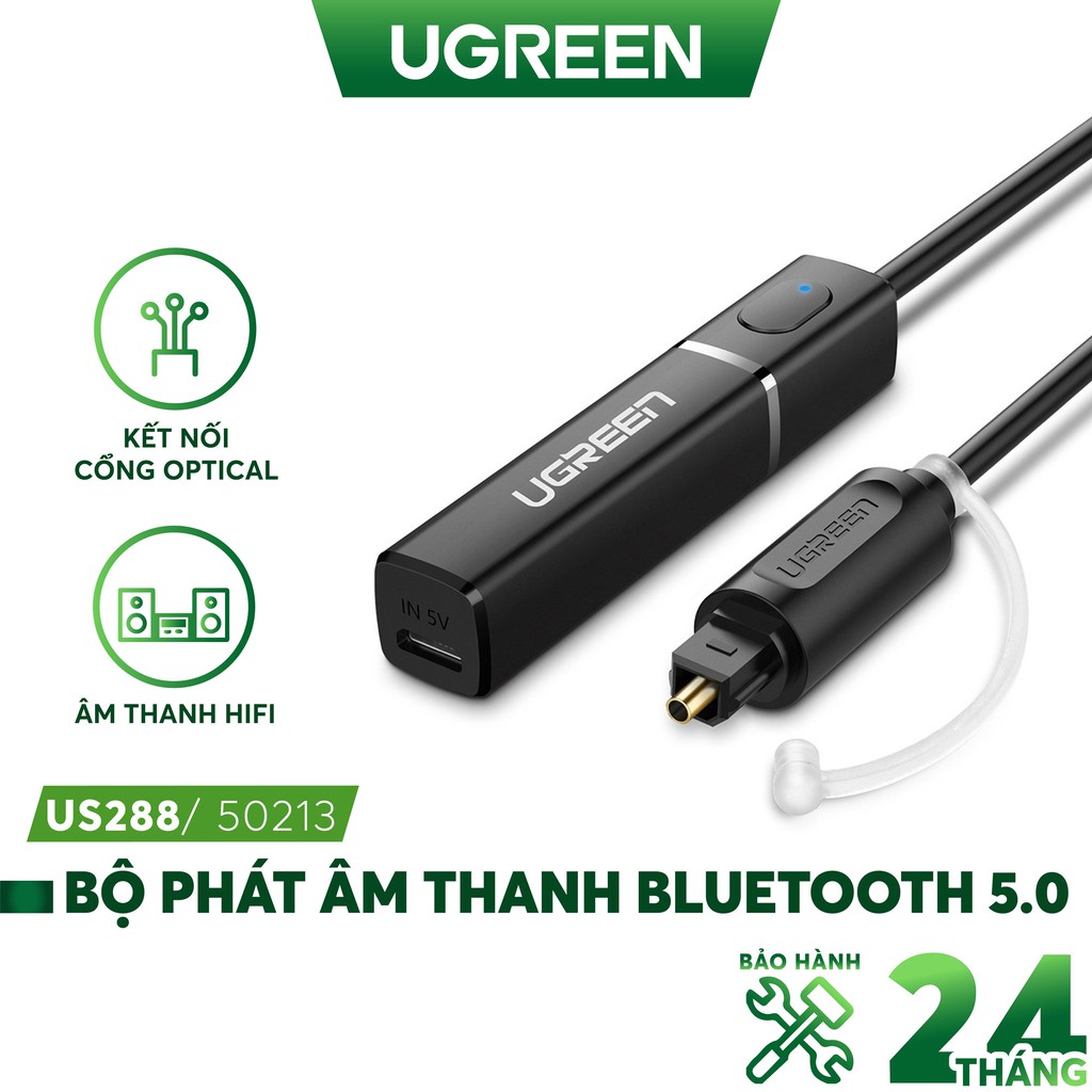 Thiết bị phát âm thanh UGREEN 50213 từ cổng optical quang sang Bluetooth 5.0 - Hỗ trợ aptX / A2DP / Phạm vi 10m