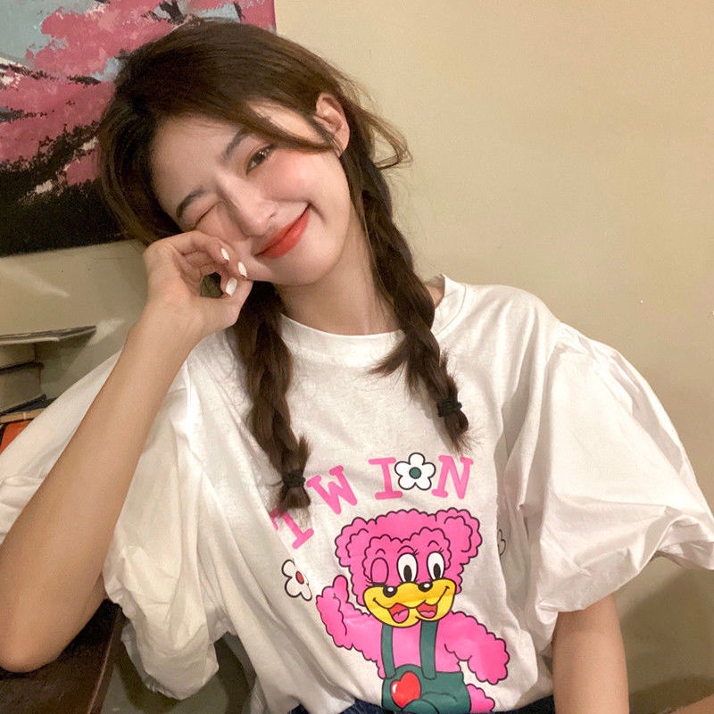 Áo thun tay ngắn phồng dáng rộng in họa tiết hoạt hình dễ thương phong cách retro thời trang mùa hè dành cho nữ
