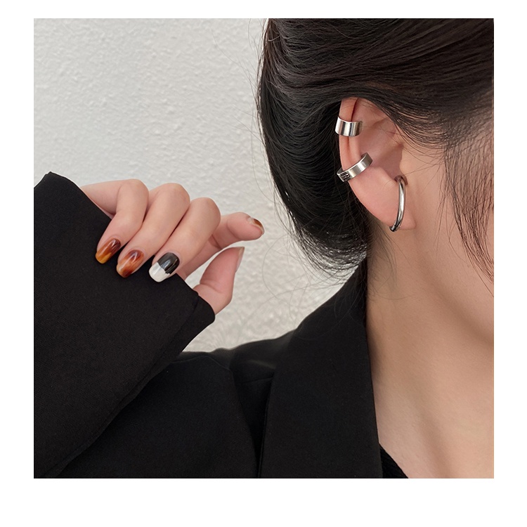 Khuyên kẹp vành tai ba mảnh không cần xỏ lỗ bằng thép titan đơn giản phong cách hip hop đường phố dành cho nam nữ