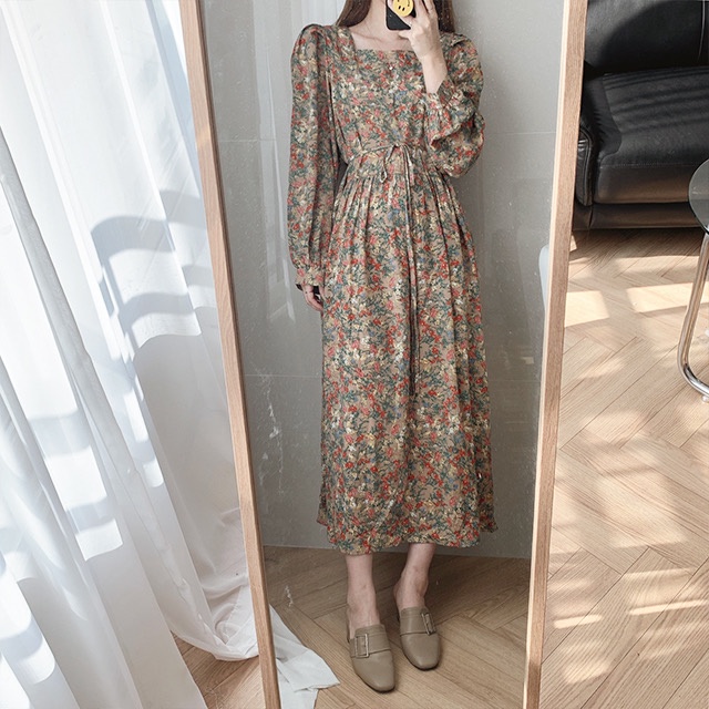 Đầm midi voan dài tay họa tiết hoa kiểu dáng phong cách retro 48456