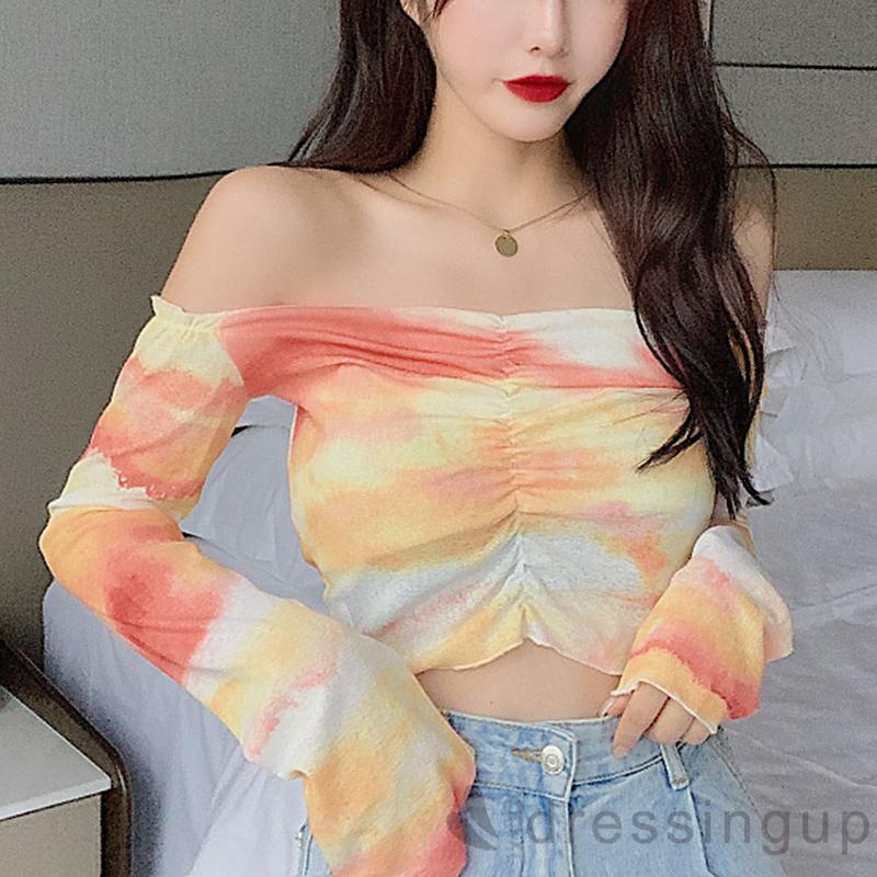 Áo Croptop Tay Dài Cổ Thuyền Màu Nhuộm Thời Trang Cho Nữ