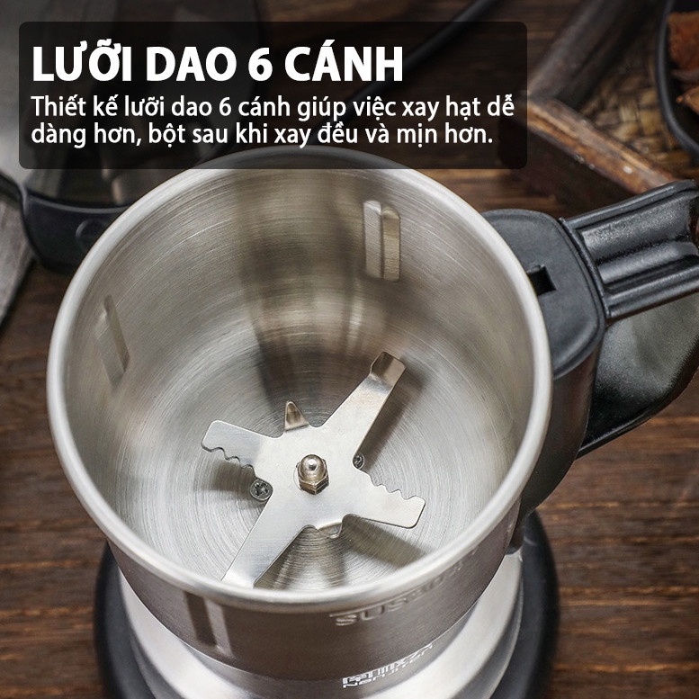 Máy Xay Hạt Khô Ngũ Cốc, Gia Vị Lưỡi Dao 6 Cánh Nghiền Mịn Các Loại Hạt Tiện Dụng Trong Gia Đình