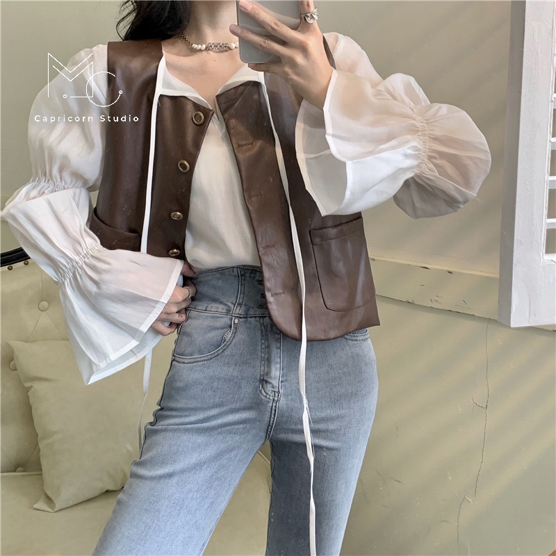 Set áo sơ mi bay và áo gile da màu nâu cá tính phong cách Ulzzang