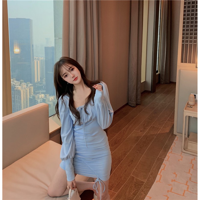 (ORDER) Váy cổ vuông dài tay dáng ngắn ôm body tôn dáng dây rút xếp ly gợi cảm sang chảnh Retro Hàn Q