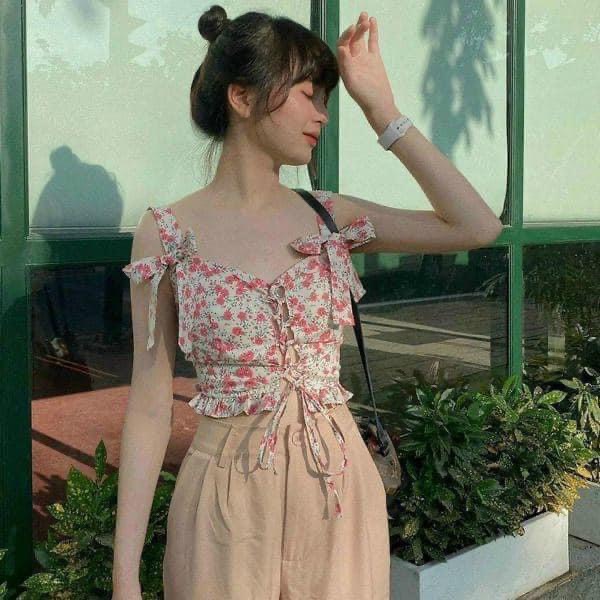 Set áo hoa nhí 2 dây rút ngực mix quần ống rộng DN288