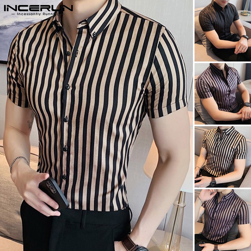 Áo sơ mi Incerun tay ngắn dáng rộng kẻ sọc cài nút 3 màu thời trang cho nam