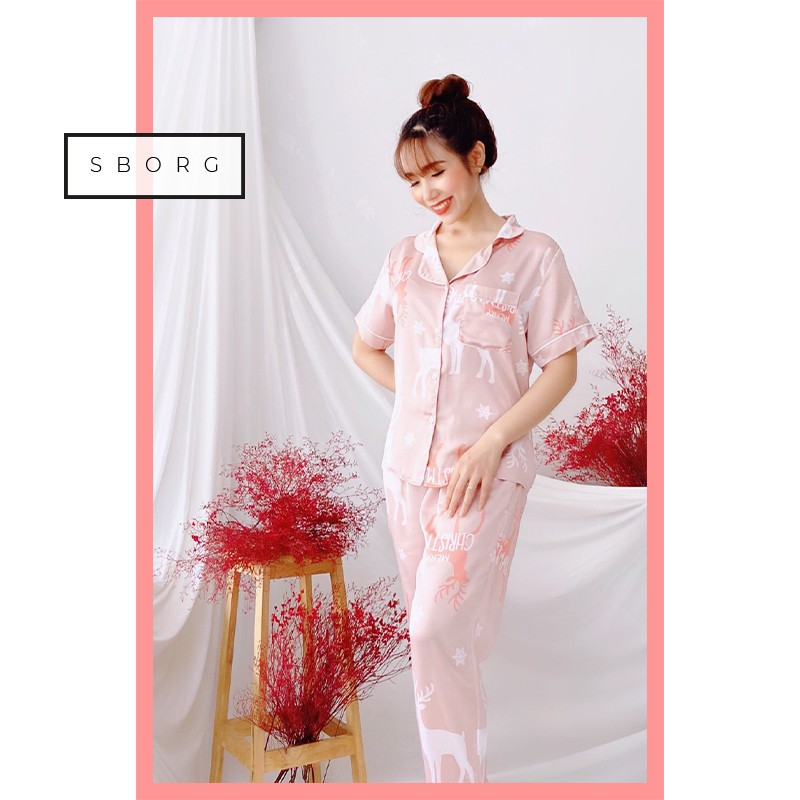 Đồ bộ pijama đẹp SBORG bộ lụa satin cao cấp tay ngắn quần dài chất liệu mềm mịn mát dịu hoạ tiết dễ thương