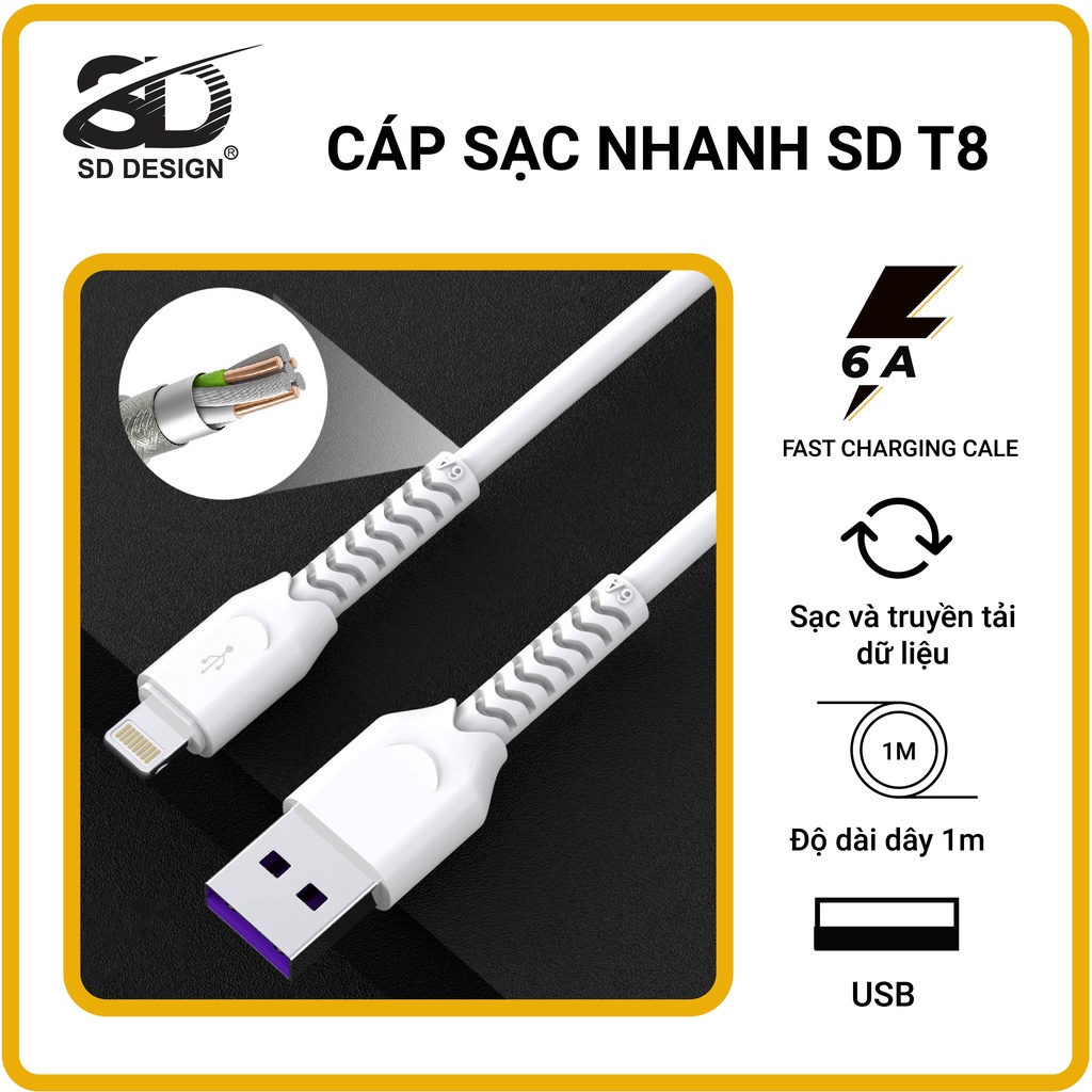 Cáp sạc SD DESIGN T8 giúp sạc nhanh,đầy đủ chân ip,MicroUSB,Type C