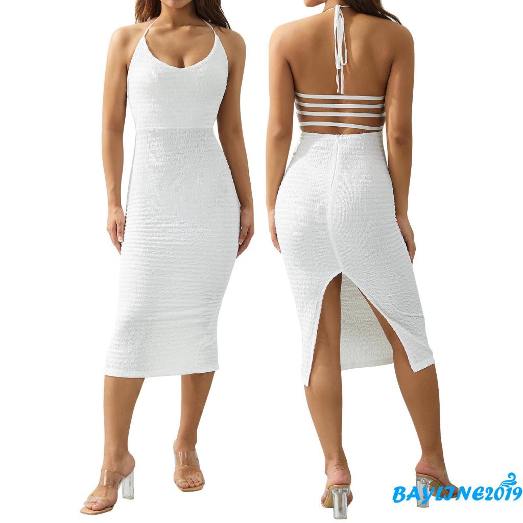 Đầm Dài Dáng Ôm Hở Lưng Cổ Yếm Phối Dây Màu Trơn Thời Trang Quyến Rũ Cho Nữ