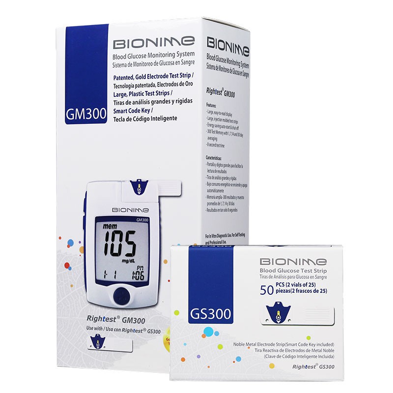 QUE THỬ ĐƯỜNG HUYẾT BIONIME GS300/GS260-tặng 25 kim lấy máu