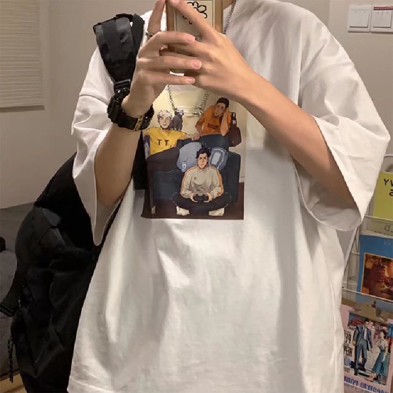 Áo Thun Mùa Hè Dáng Rộng Tay Cộc Cổ Tròn In Họa Tiết Hoạt Hình Phong Cách Hip Hop Đường Phố Cho Nam Và Nữ size M-8XL