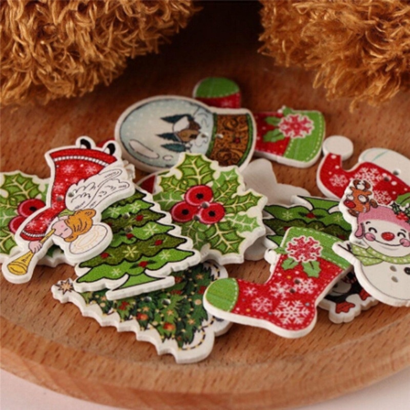 Bộ 50 Nút Gỗ Hình Ông Già Noel / Tuần Lộc / Tuần Lộc / Sổ Tay Thủ Công Trang Trí Cây Thông Giáng Sinh
