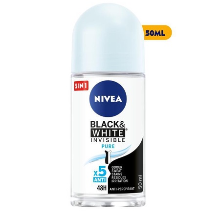 Lăn ngăn mùi NIVEA Black & White chai 50ml - ngăn vệt ố vàng vượt trội