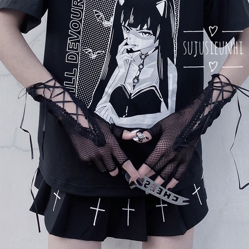 1 đôi găng lưới đan chéo hở ngón buộc dây phong cách gothic lolita