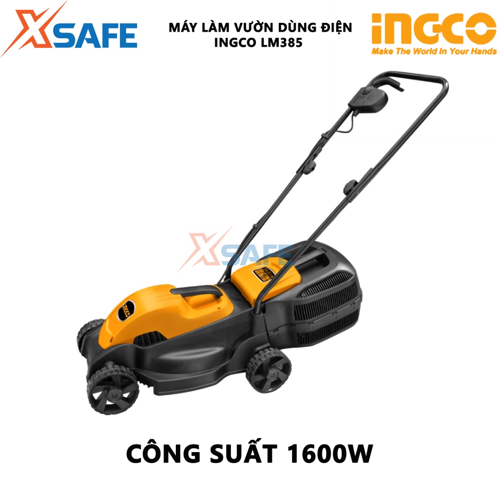 Xe đẩy cắt cỏ INGCO LM385 Máy làm vườn dùng điện 1600W, tốc độ định mức 3500rpm, kích thước hộp cỏ 45L, dây điện 0.35m