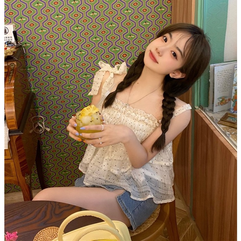 Áo Lửng Không Tay Họa Tiết Chấm Bi Thời Trang Mùa Hè Quyến Rũ Cho Nữ