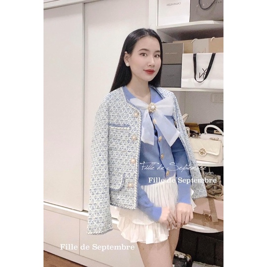 Áo khoác dạ tweed xanh khuy ngọc hàng QC chuẩn SDD (video ảnh thật)