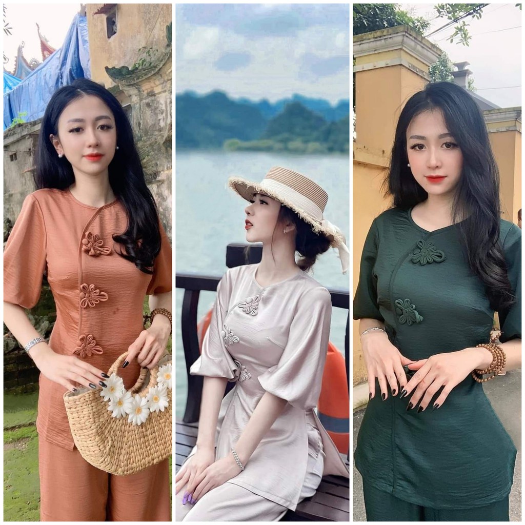Đồ lam đi chùa nữ bộ lễ phục vải cát nhung cúc thủ công đẹp thiết kế cao cấp trang nhã họa tiết LAMINA