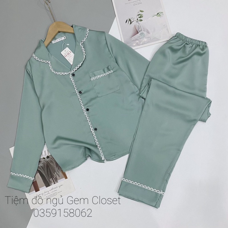 Lụa mịn loại 1 - Bộ mặc nhà pijama trơn màu viền ren áo dài tay quần dài đủ size (ảnh thật)