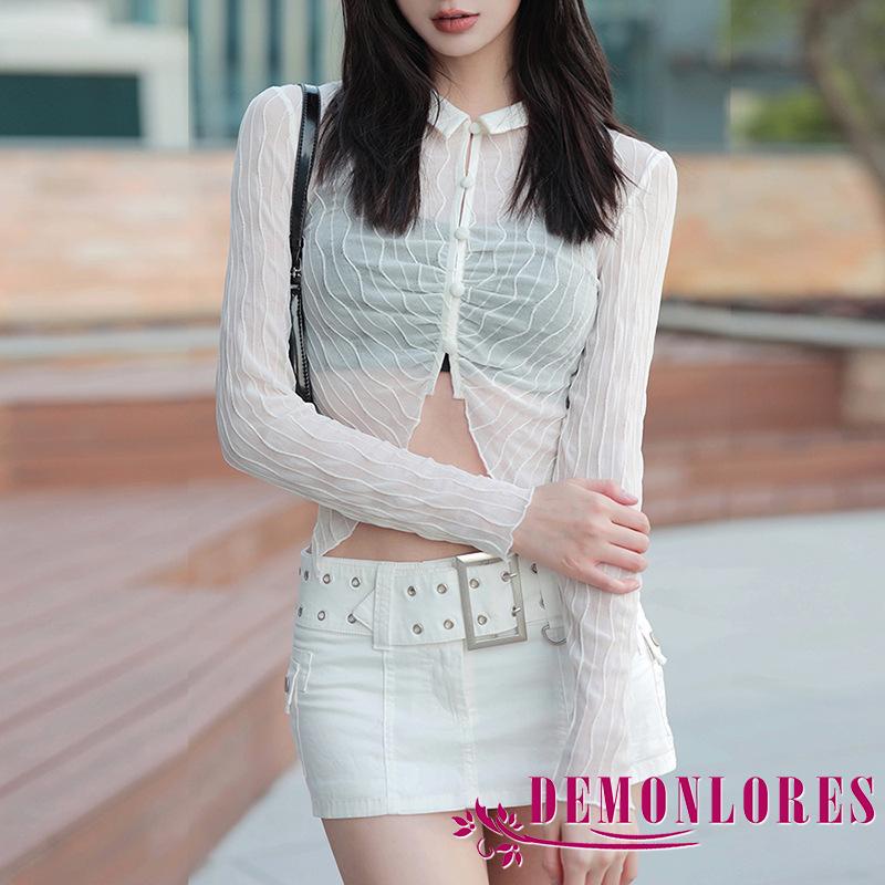 Áo Croptop Tay Dài Phối Nút Thiết Kế Lệch Tà Cho Nữ