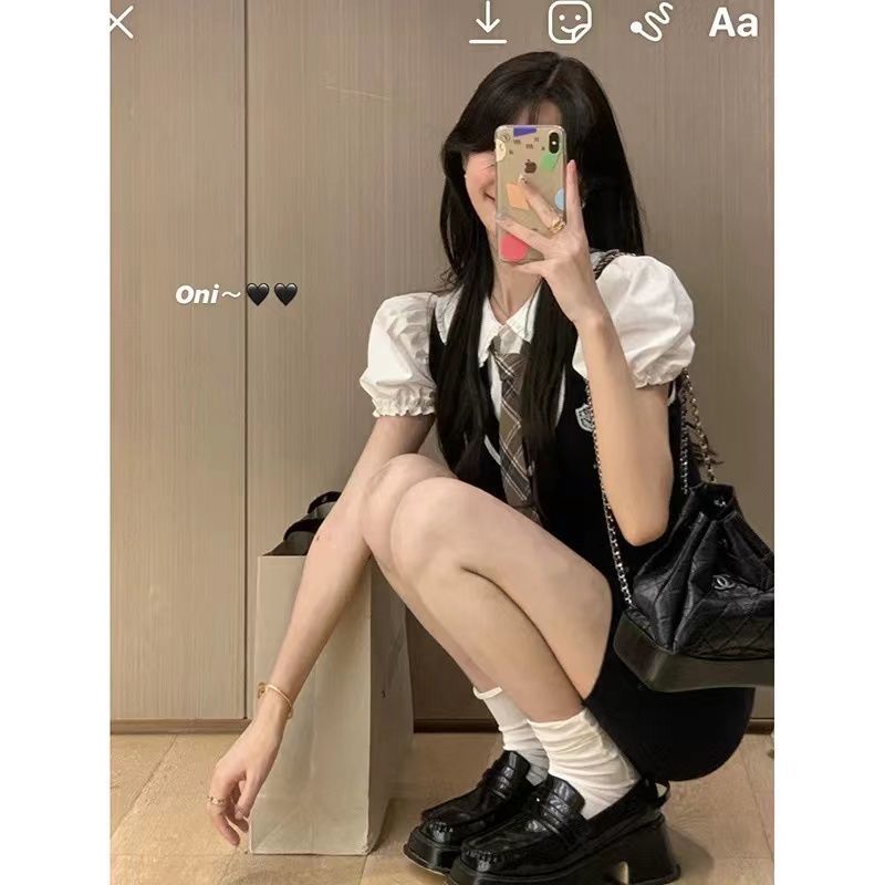 Đầm Giả Hai Lớp Cổ Polo Tay Phồng Thời Trang Mùa Hè Hàn Quốc Mới Cho Nữ