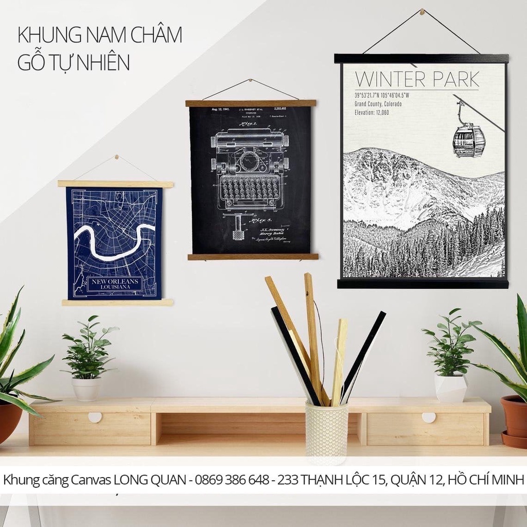 Khung ảnh kẹp gỗ treo dây thừng LONG QUAN| Khung có nam châm | Nẹp treo tranh ảnh poster