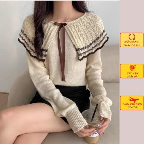 Áo len nữ cổ bèo nơ ngực lông thỏ thủy thủ công sở tiểu thue ulzzang Hàn Quốc mùa đông