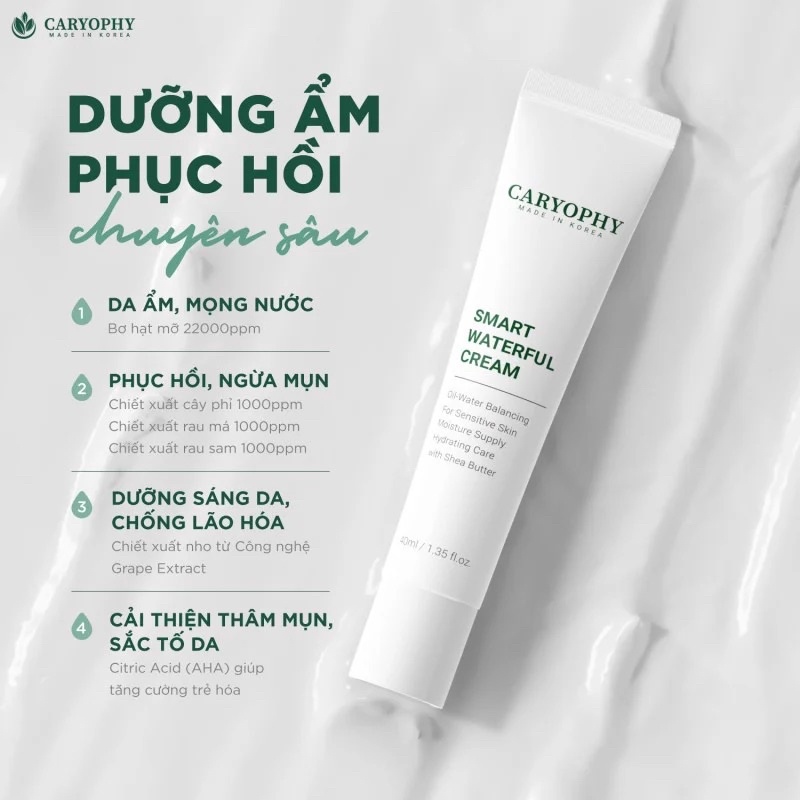 Kem dưỡng Caryophy Smart Waterful Cream cấp nước & phục hồi da mụn 40ml