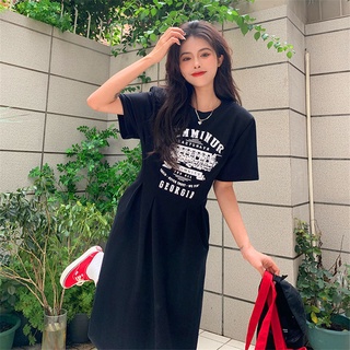 Đầm thun suông Bigsize Váy nữ dáng dài tay ngắn cổ tròn in hình mùa hè Phong cách Hàn Quốc Thời Trang tiểu thư cá tính xinh đẹp cho người mập béo