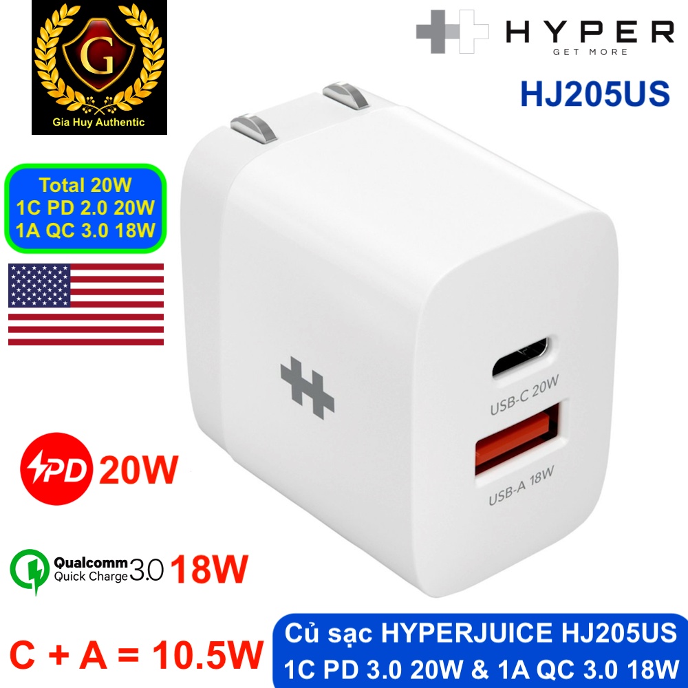 Củ sạc iPhone 13 Series, iPad Pro, S10, S20, Note 10 HYPERJUICE HJ205US Power Delivery 3.0 20W (1C PD 3.0 & 1A QC 3.0)