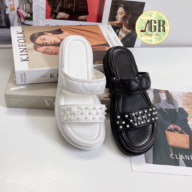 Dép xuồng 2 quai da mềm hạt châu li ti cao 3 cm