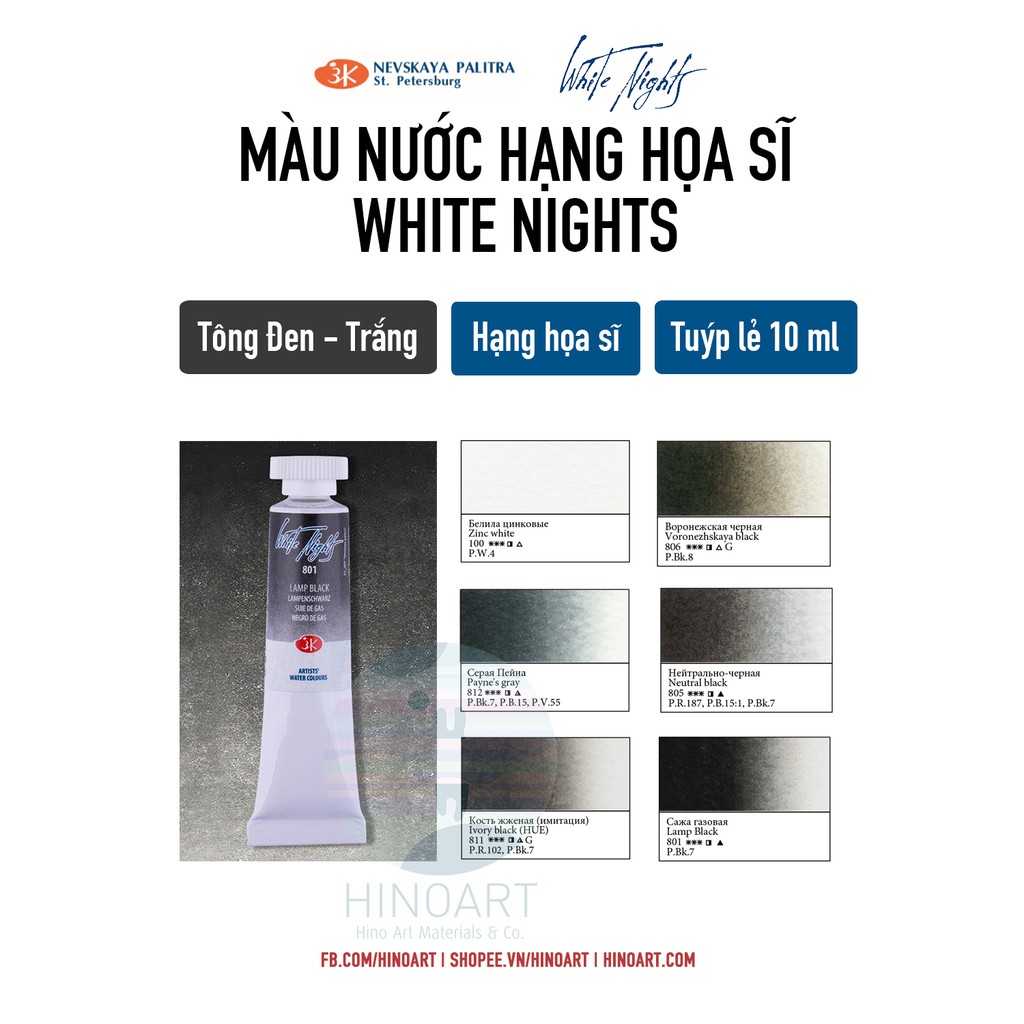 Tông đen, trắng, xám màu nước White Nights - tuýp 10ml - lẻ