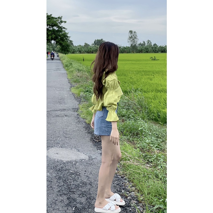 Áo kiểu tay dài cổ vuông phối tầng ,áo bánh bèo babydoll,chất vãi đũi mềm siêu xinh PLA08