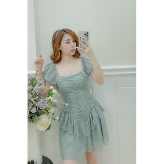 Đầm voan nút bọc xếp li dáng xoè ngắn