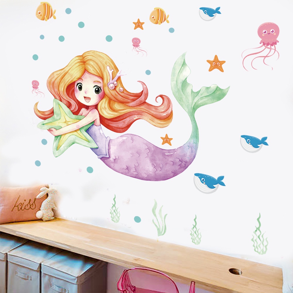 Sticker Dán Tường PVC Họa Tiết Hoạt Hình Nàng Tiên Cá Dùng Trang Trí Phòng Trẻ Em