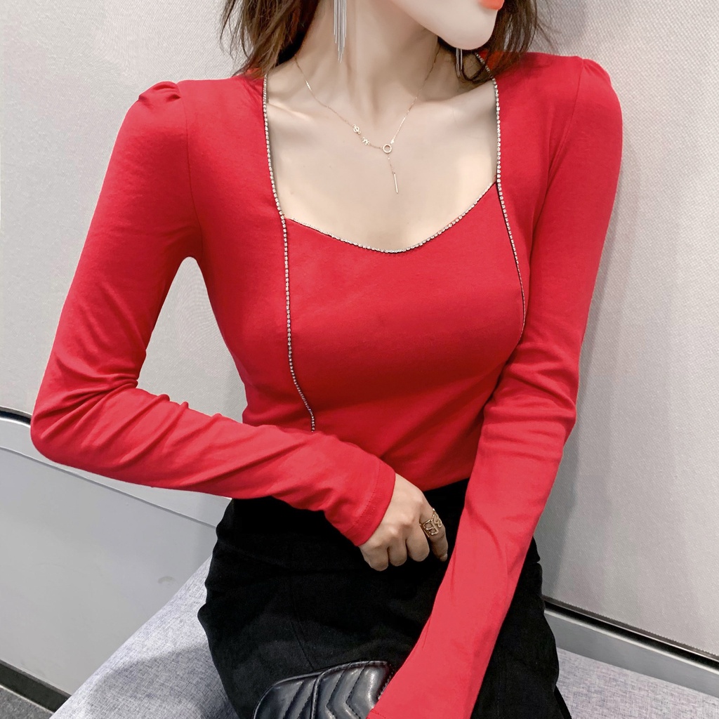 Áo thun dài tay nữ Cổ Vuông Dáng Ôm Màu Trơn Đính Đá Lấp Lánh Kiểu Mới