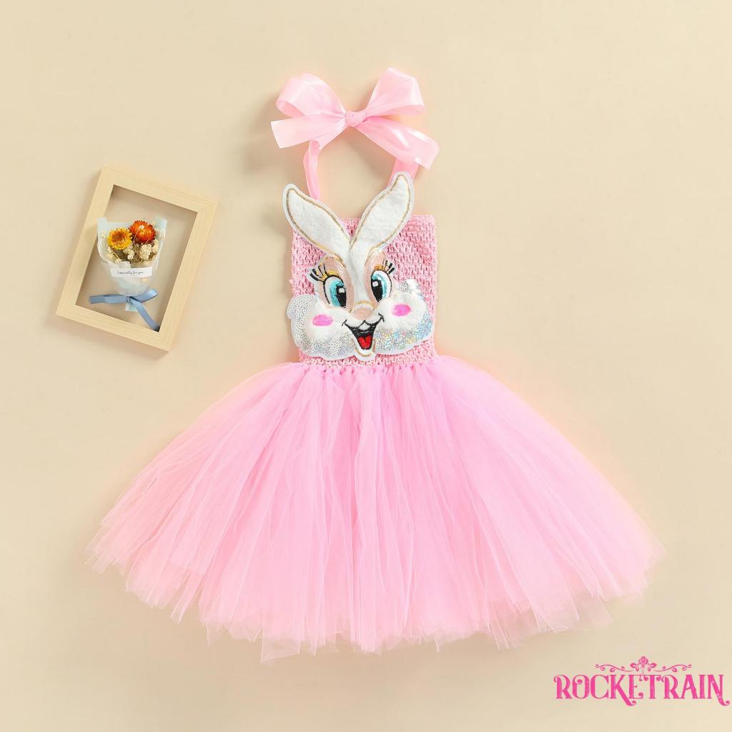 ◐Ne✲Đầm Không Tay Hở Lưng Họa Tiết Thỏ Hoạt Hình Thời Trang Dự Tiệc Cho Bé Gái