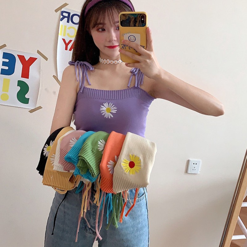 Áo Hai Dây Dệt Kim Thêu Hoa Xinh Xắn Cho Nữ