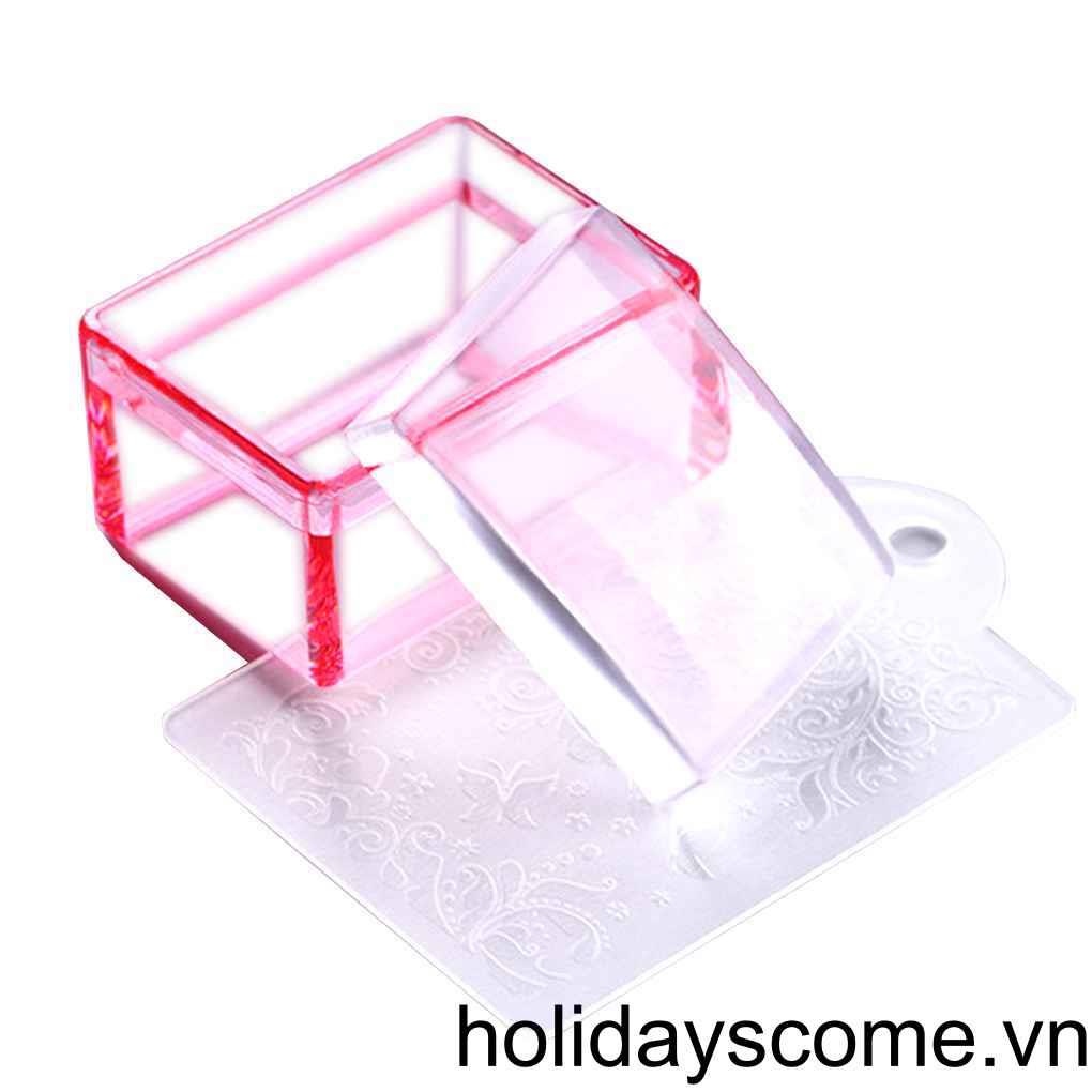 Con dấu in móng tay hình chữ nhật bằng silicon trong suốt kèm dụng cụ cạo xanh dương/ hồng/ trong suốt