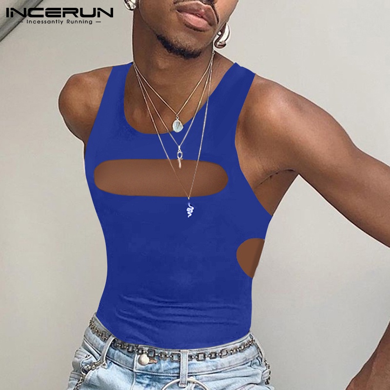 Áo ba lỗ INCERUN không tay dệt rỗng ôm dáng vừa vặn màu trơn cho nam