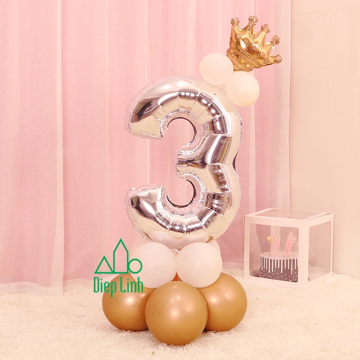 Combo bóng số vàng bạc size đại 70cm kèm bong bóng nhũ vương miện vàng trang trí