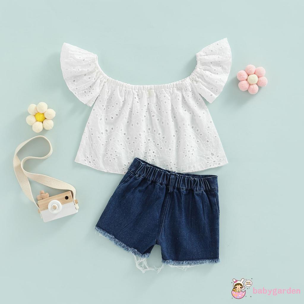 Bộ Áo Thun Trễ Vai Tay Ngắn + Quần Short Denim Thời Trang Mùa Hè Cho Bé Gái 6 Tháng Tuổi 4 Tuổi