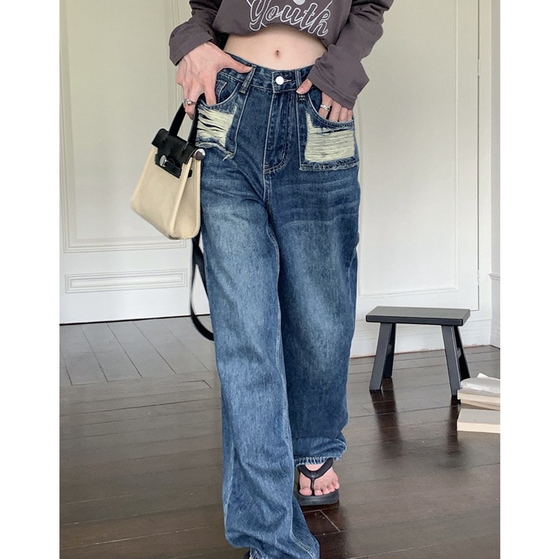 Quần Jean Dài Dáng Rộng Ống Suông Phối Vải Rách Thời Trang Mùa Thu