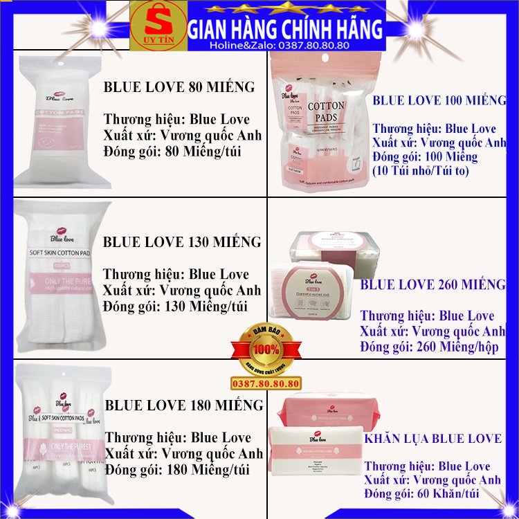 Bông tẩy trang 3 lớp cotton pads cao cấp xịn Blue Love Anh Quốc siêu mềm mịn dai không xù xơ không mủn 100 miếng vuông