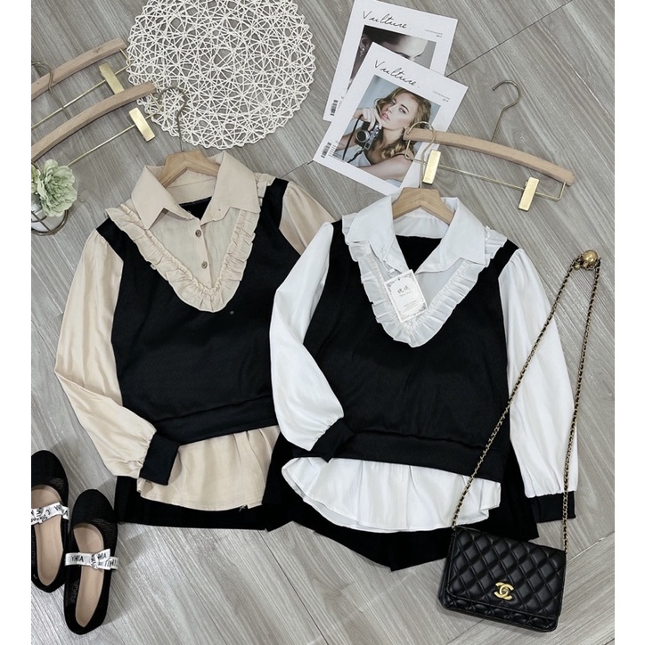 Set áo gile len tăm phối bèo mix quần sooc đùi giả váy