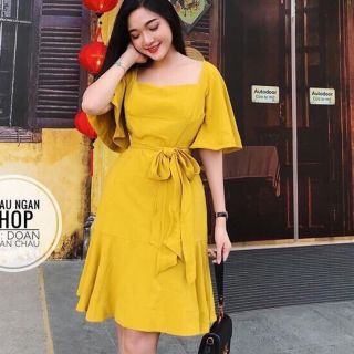 Đầm xòe vàng cổ vuông tay loe cột nơ eo hàng Cao Cấp