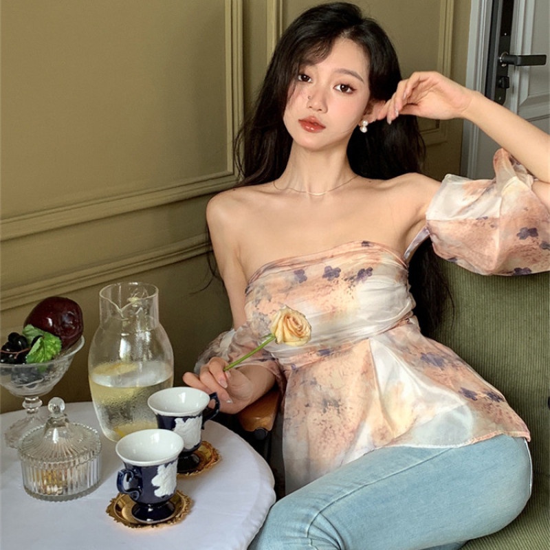 Áo Nữ Tay Ngắn Hở Vai Họa Tiết Hoa Thời Trang Quyến Rũ